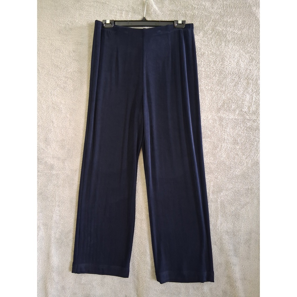 Chicos Travelers Pants Sz M 2 Short Navy Blue Wide Leg Slinky Knit Pull On USA